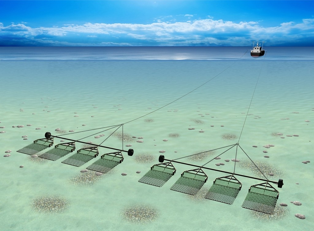 Vessel towing two sets of scallop dredges across the seabed