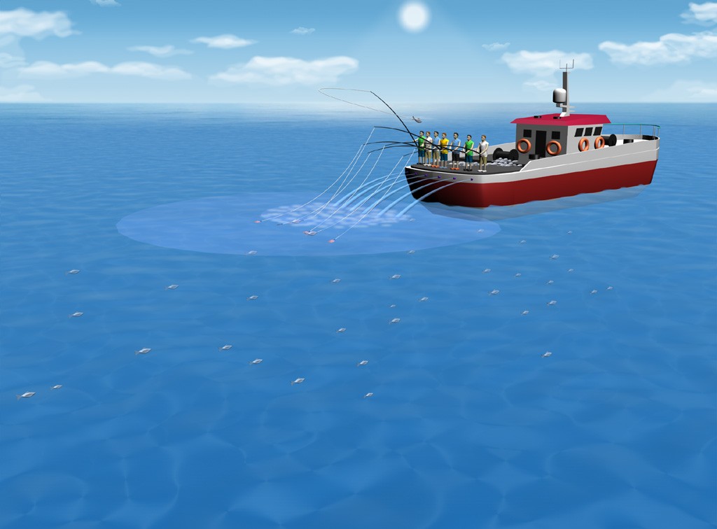 A group of fisherman standing at the stern of the vessel individually fishing using a pole and line