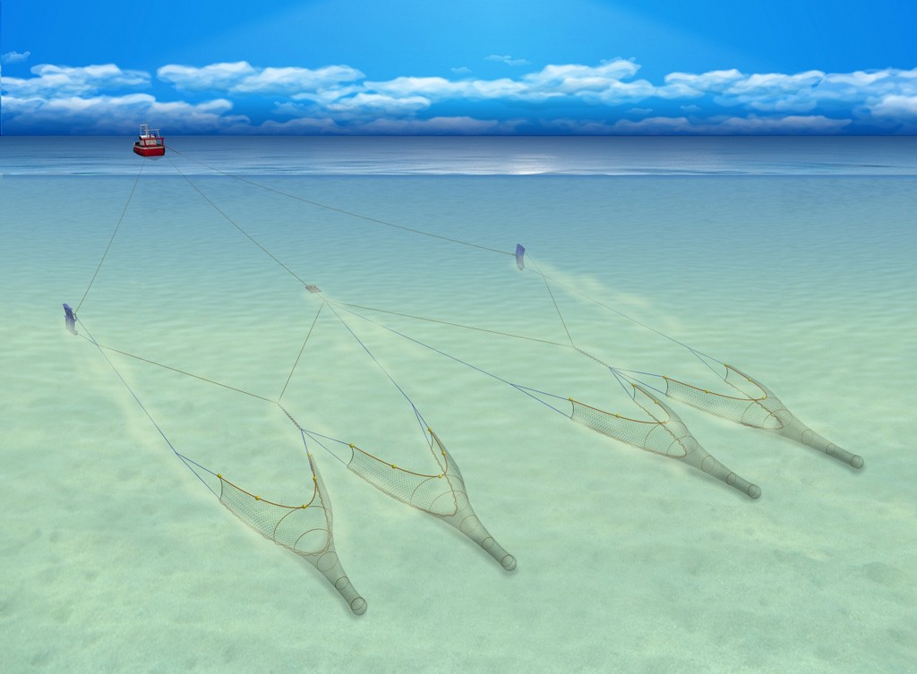 Vessel towing four otter trawls side by side