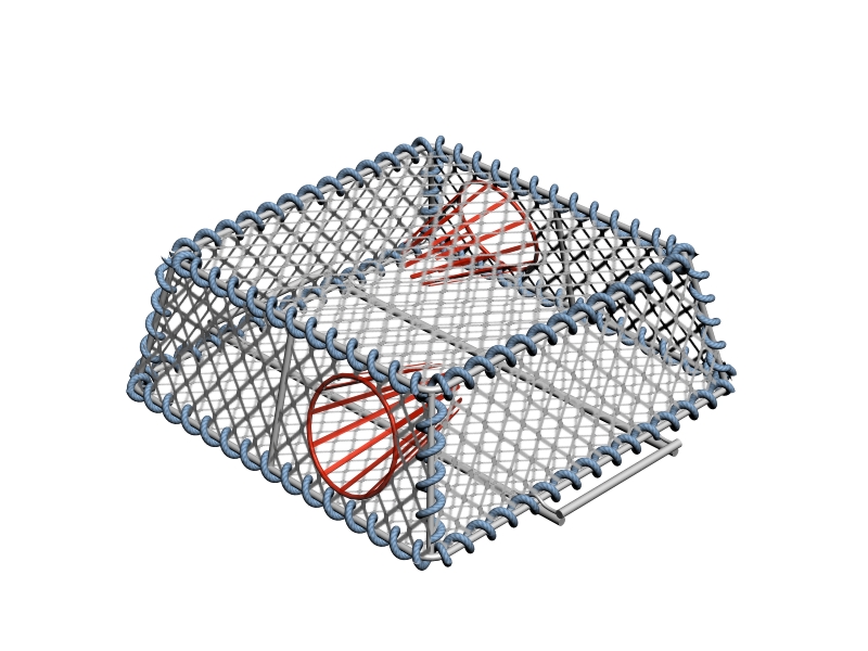 An open front entrance on a low square shaped steel pot frame entwined with rope for protection