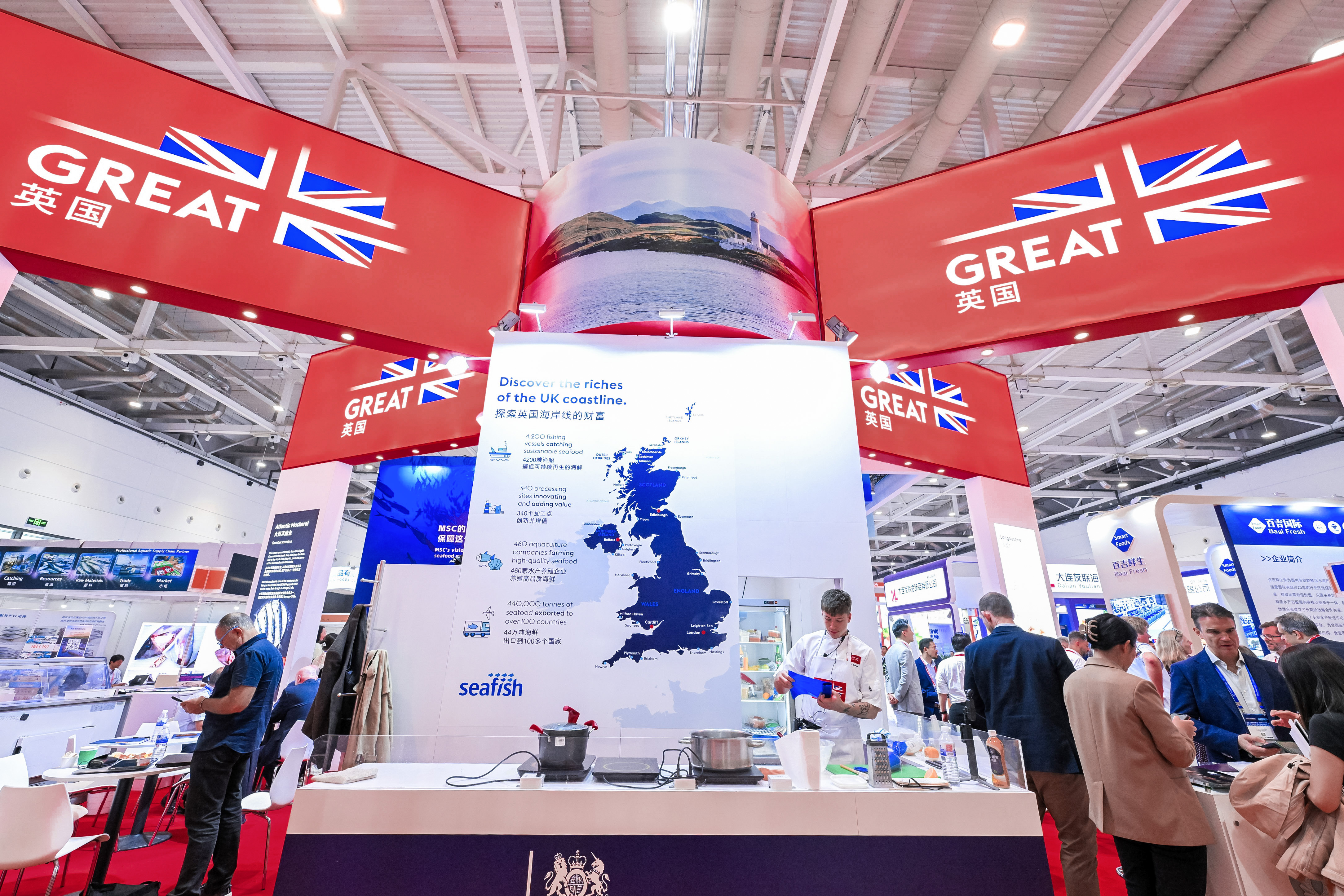 An image looking at the 2023 Great Britain exhibit at the 2023 China seafood trade show.