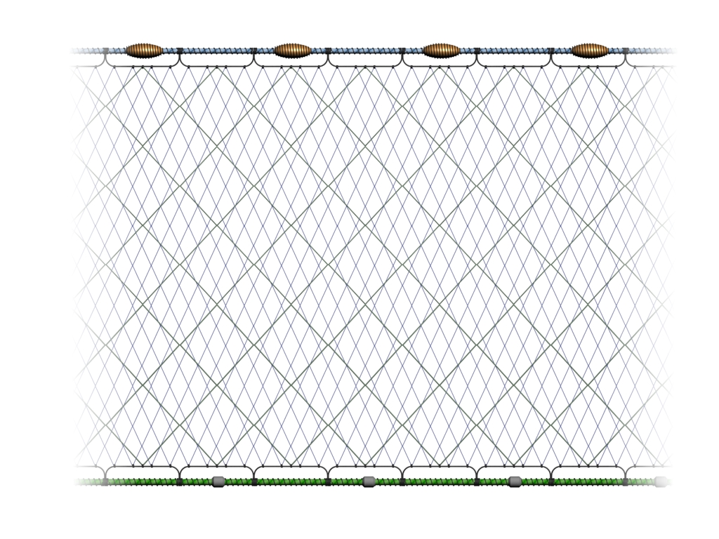 Cross section of trammel net in an upright position as it would be whilst fishing