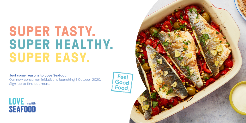 Graphic with fish dish and Love Seafood branding