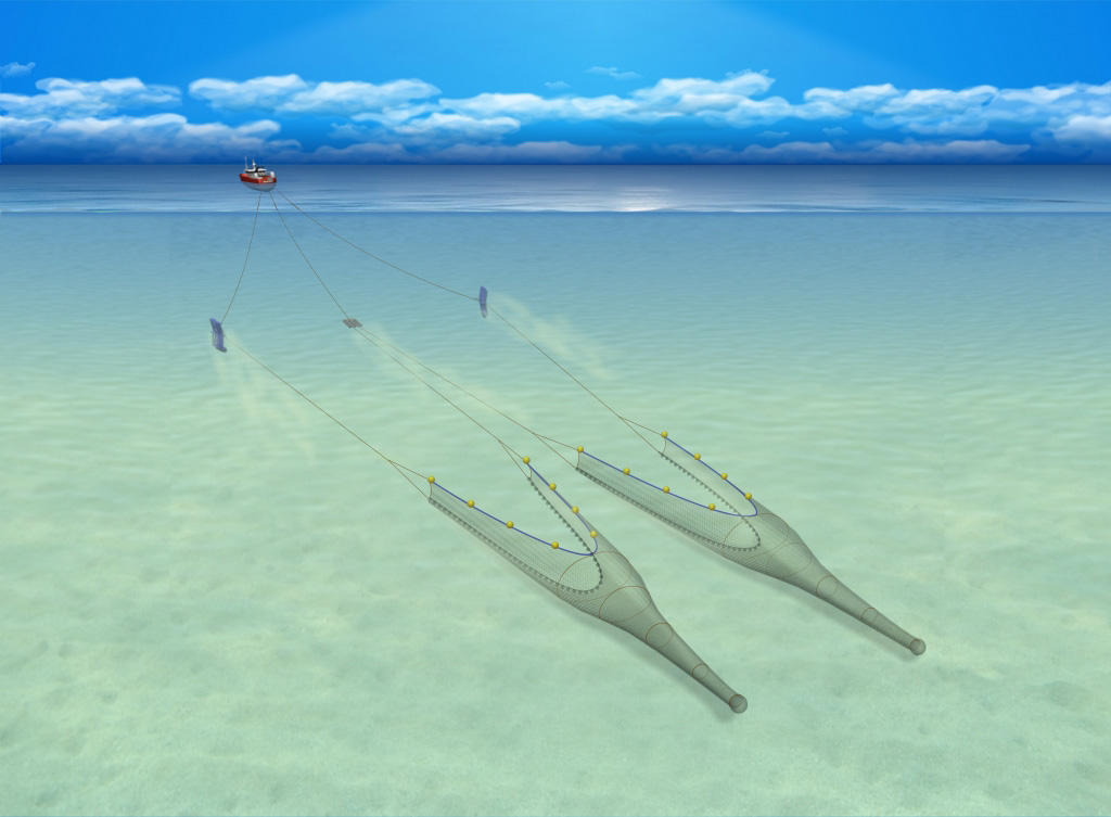 Two scrapper style trawls being towed along the seabed